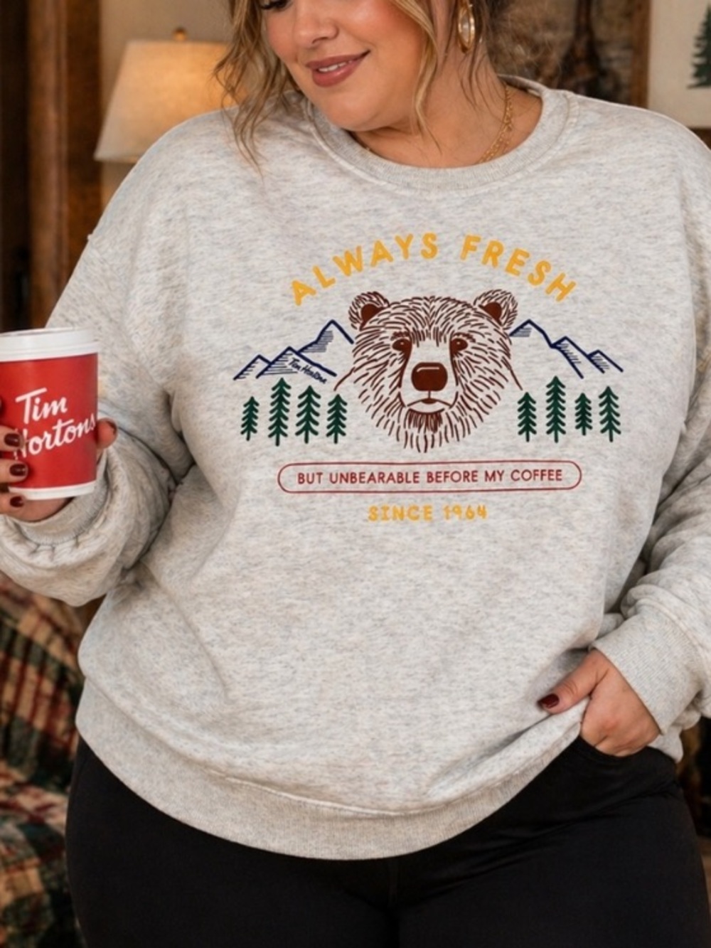 Tim Hortons Bear Graphic Crewneck Sweatshirt Oatmeal Cozy Cottagecore Pullover